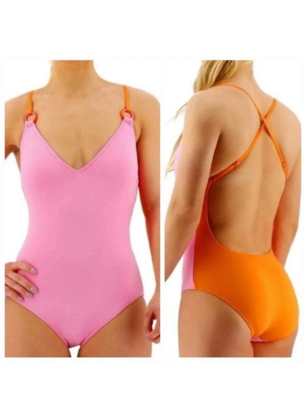 Kate Spade Color Block Plunging V-Neck One Piece Swimsuit Pink Orange $142 NWT